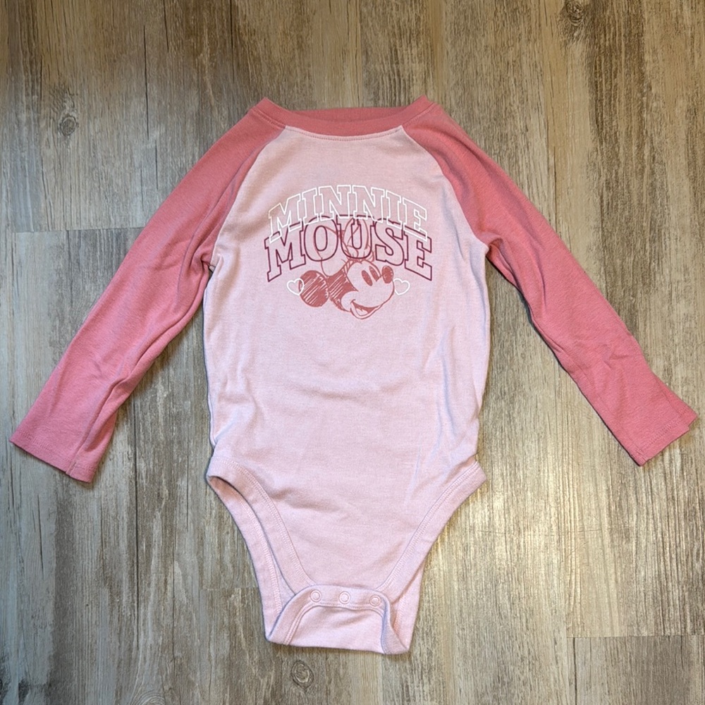 Disney Jumping Beans Baby Girl Minnie Mouse Raglan Long Sleeve Bodysuit Pink 24M